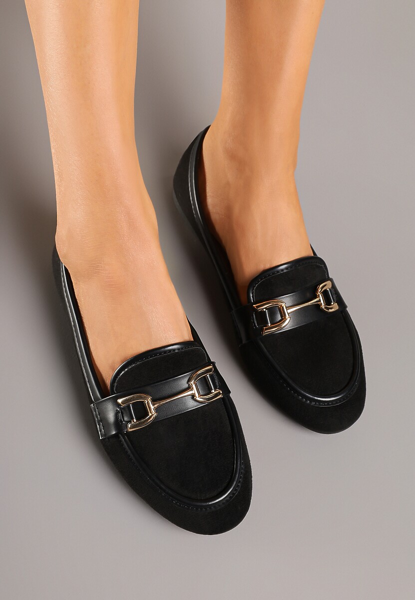 Czarne Mokasyny w Geometryczny Wzór Zdobione Aplikacją Telanira