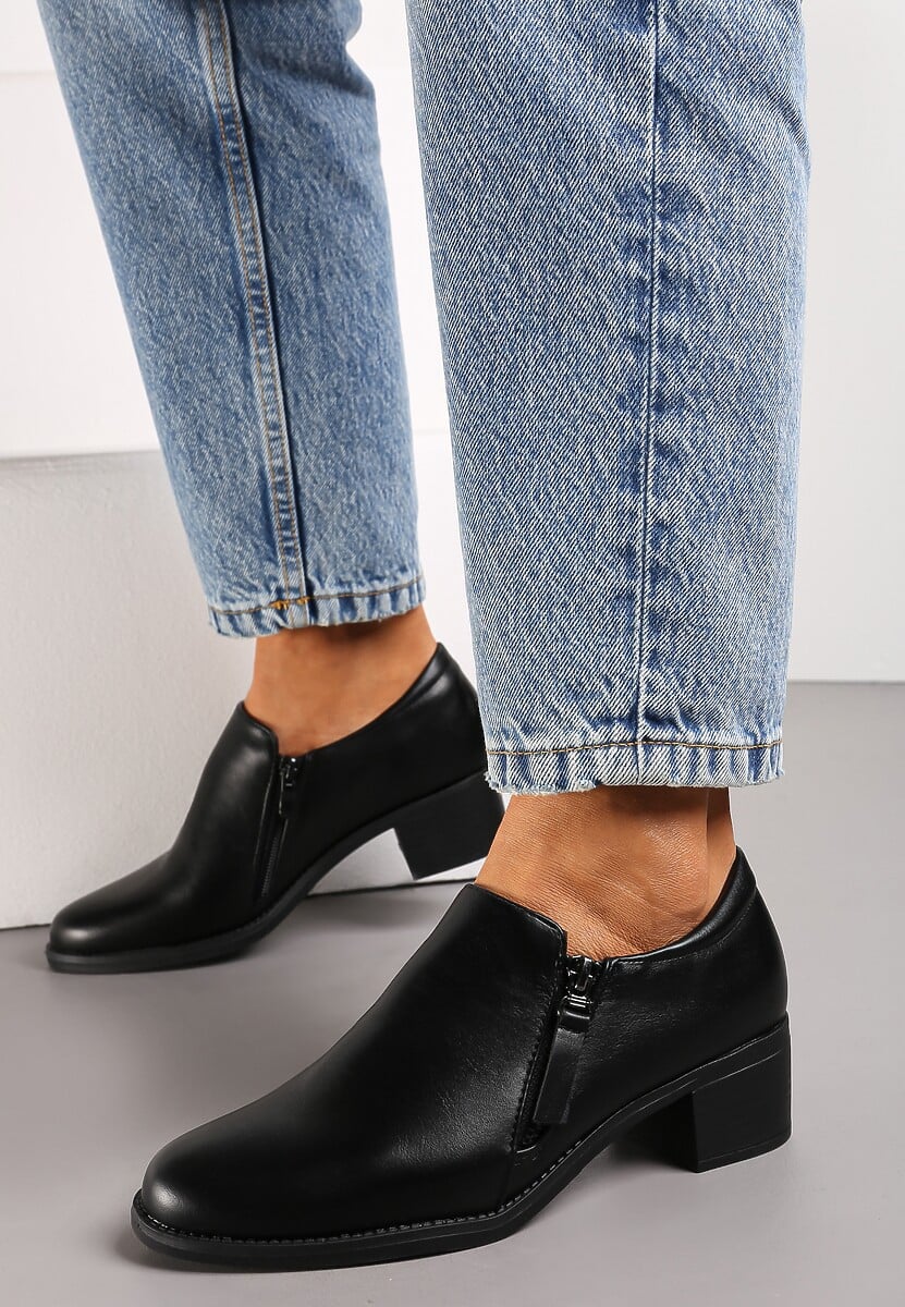 Czarne Półbuty na Niskim Obcasie z Suwakami Vovella