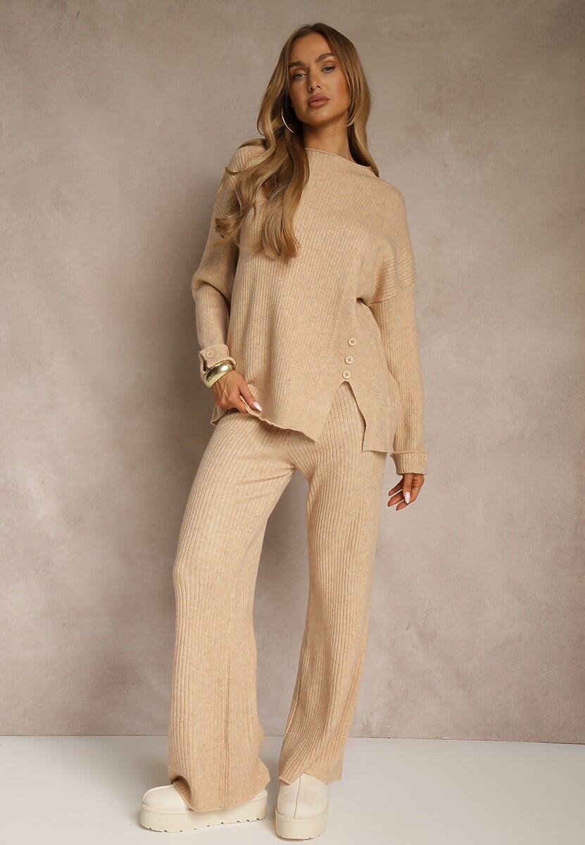 Beżowy Komplet z Wełną i Bawełną Sweter z Guzikami i Szerokie Spodnie Reinelia
