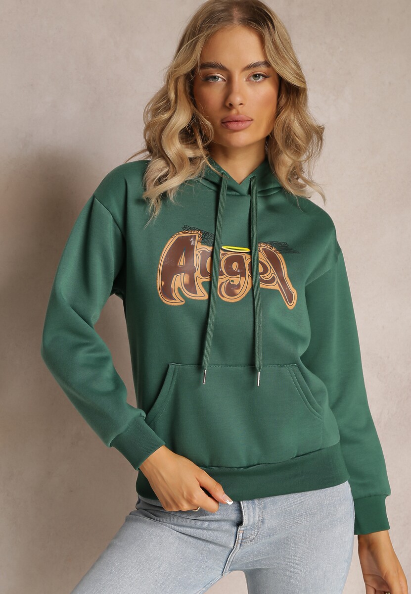 Ciemnozielona Ocieplona Bluza Kangurka z Nadrukiem Pralle