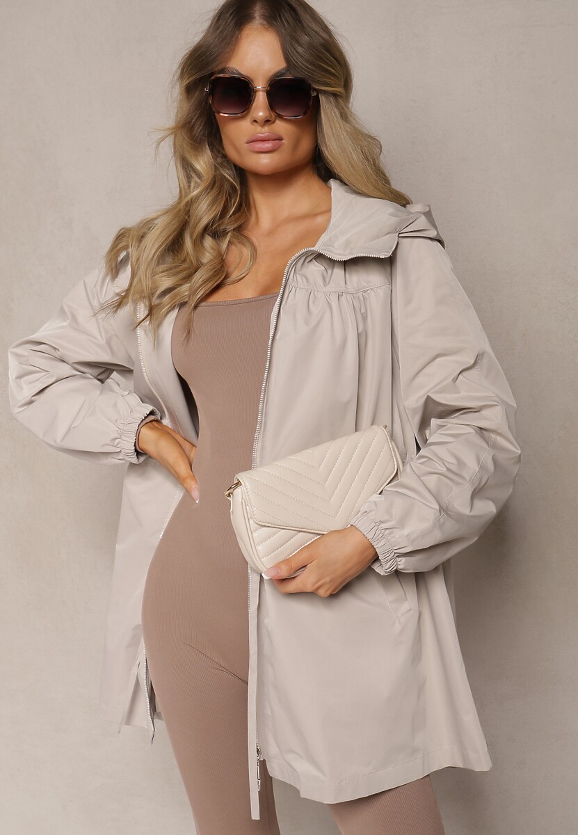 Beżowa Kurtka w Stylu Parki Wiązana w Pasie Nevithia