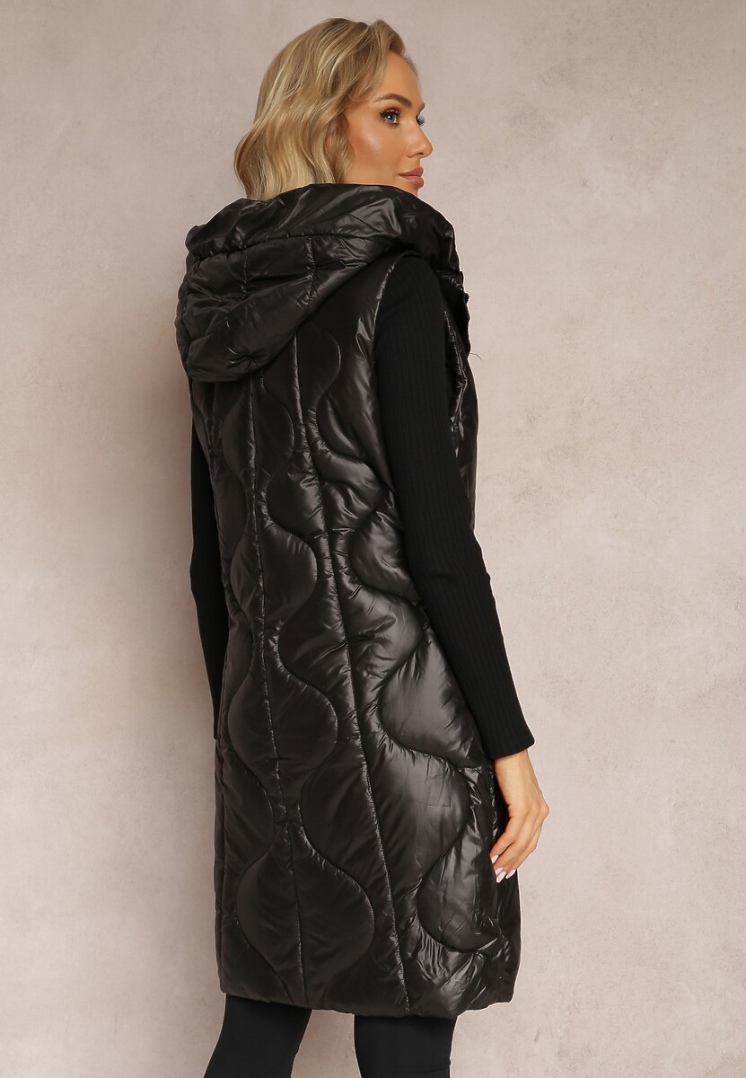 Czarna Długa Kamizelka z Wsuwanymi Kieszeniami i Kapturem Manzella