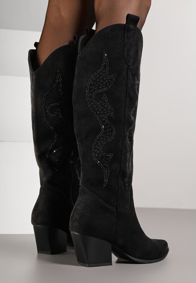 Czarne Kozaki Kowbojki na Stożkowym Obcasie Zdobione Cyrkoniami Nalasania