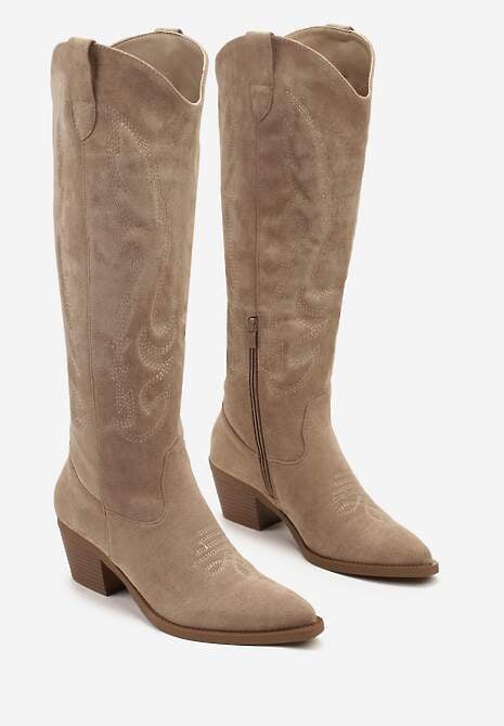 Ciemnobeżowe Kozaki Kowbojki w Klasycznym Stylu z Imitacji Zamszu Lataselia