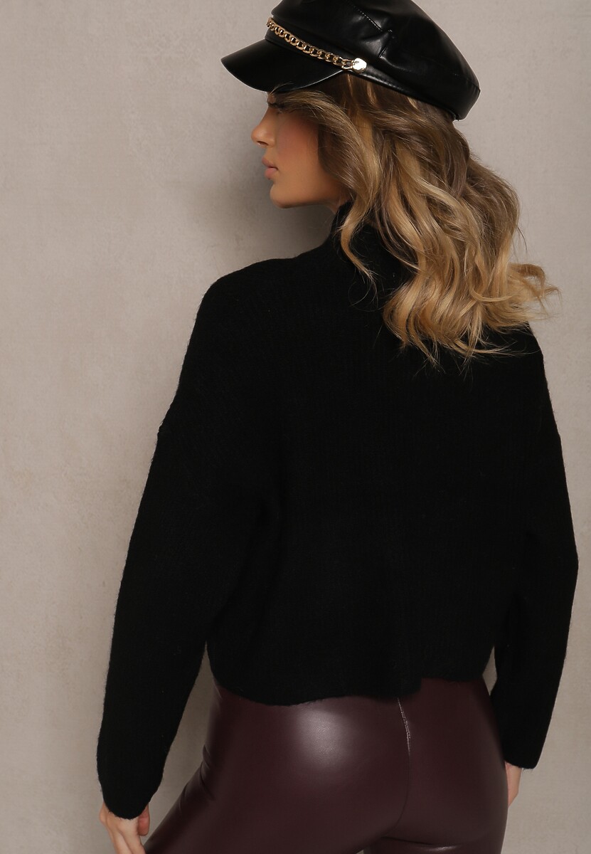 Czarny Golf z Wełną o Kroju Oversize z Kwiatem 3D i Cekinami Zolimi