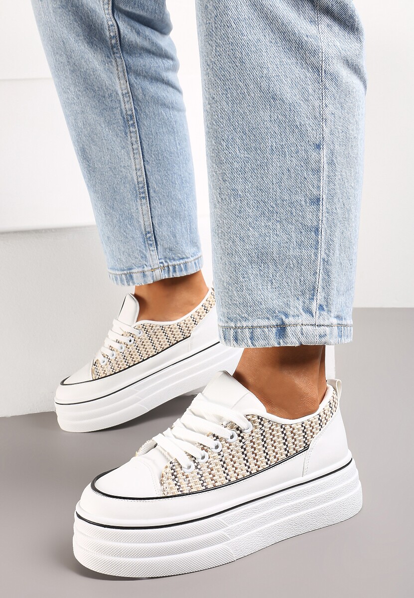 Beżowe Krótkie Trampki na Wysokiej Platformie z Tweedową Wstawką Grogamia