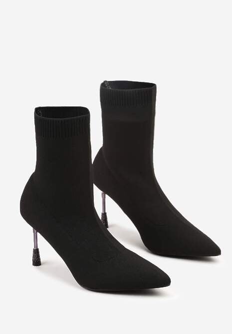 Czarne Botki Vices na Biżuteryjnej Szpilce ze Skarpetkową Cholewką i Noskiem w Szpic Tififre