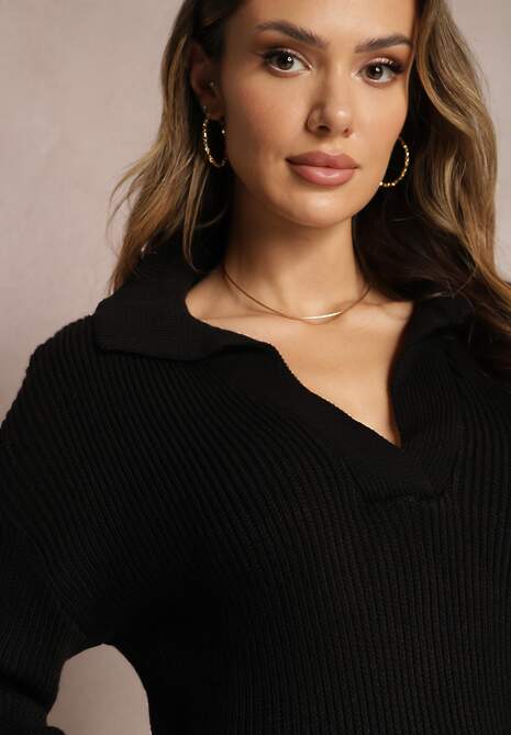 Czarny Sweter z Dekoltem w Serek i Kołnierzykiem Benioza