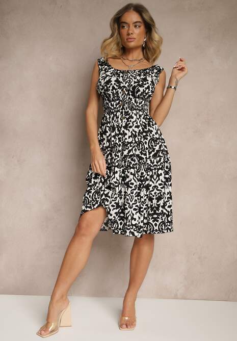 Czarna Sukienka z Bawełny z Geometrycznym Wzorem i Guzikami Liliorae