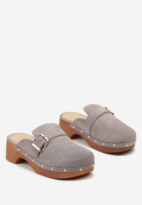 Szare Klapki Chodaki na Niskim Słupku z Nitami i Paskiem z Klamrą Anquia