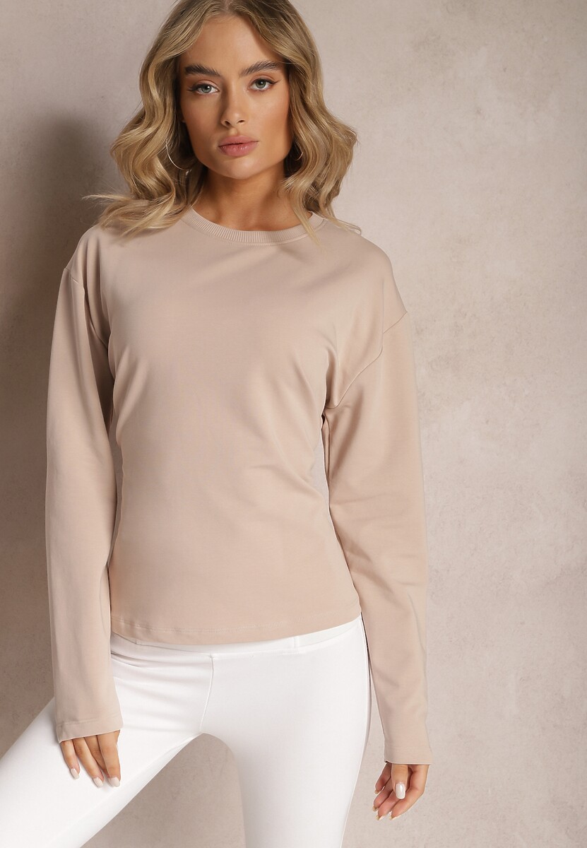 Beżowa Bawełniana Bluza z Ozdobnym Wiązaniem Fanarita