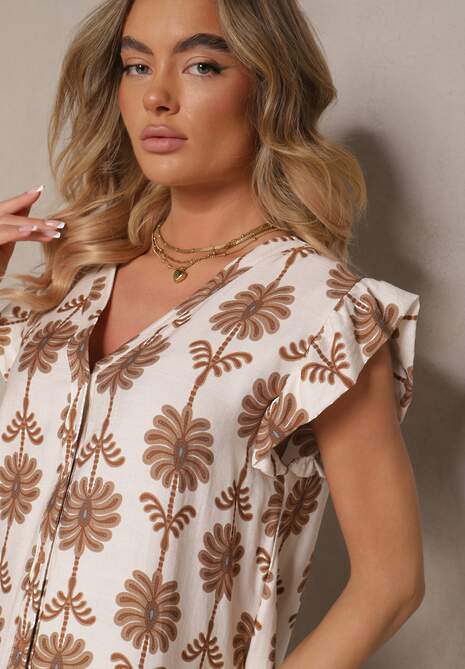 Biało-Beżowa Rozkloszowana Sukienka w Kwiaty z Bawełną Efalithea
