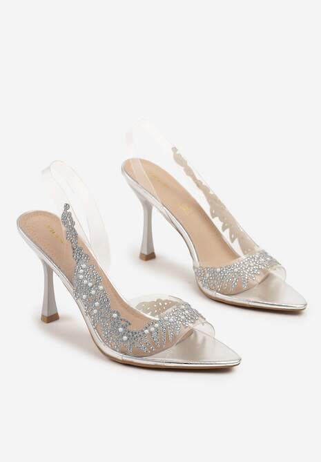 Srebrne Przezroczyste Sandały na Szpilce Vices ze Skórzaną Wkładką i Cyrkoniami Oviassa