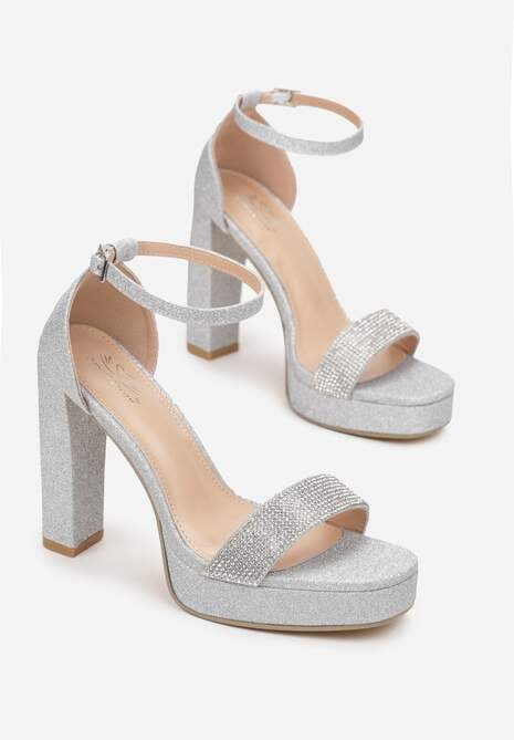 Srebrne Sandały Brokatowe na Platformie i Słupku Lirena