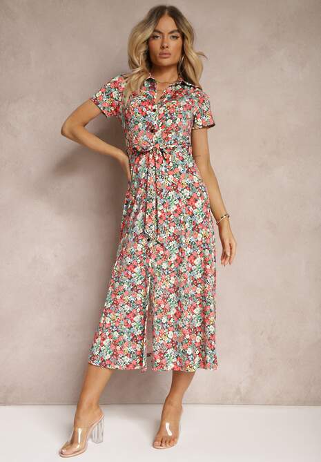 Czerwono-Zielona Rozkloszowana Sukienka z Wiskozą Zapinana na Guziki Ozdobiona Paskiem Dimica