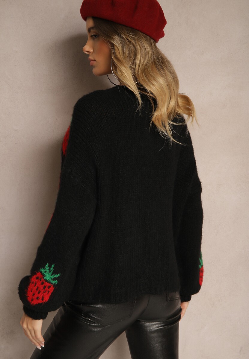 Czarny Wiązany Kardigan z Wełną i Wiskozą z Ozdobnym Wzorem z Truskawkami Cesirae