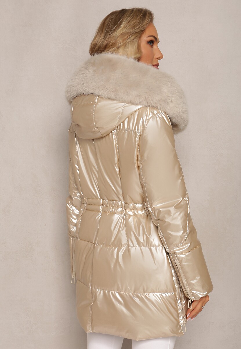 Beżowo-Złota Kurtka z Kieszeniami i Metalicznym Blaskiem oraz Odpinanym Kapturem Lefexa