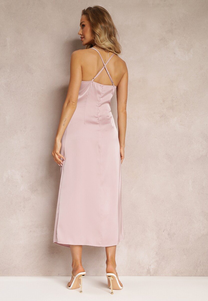 Różowa Sukienka Maxi z Rozcięciem i Marszczeniem Viviepa