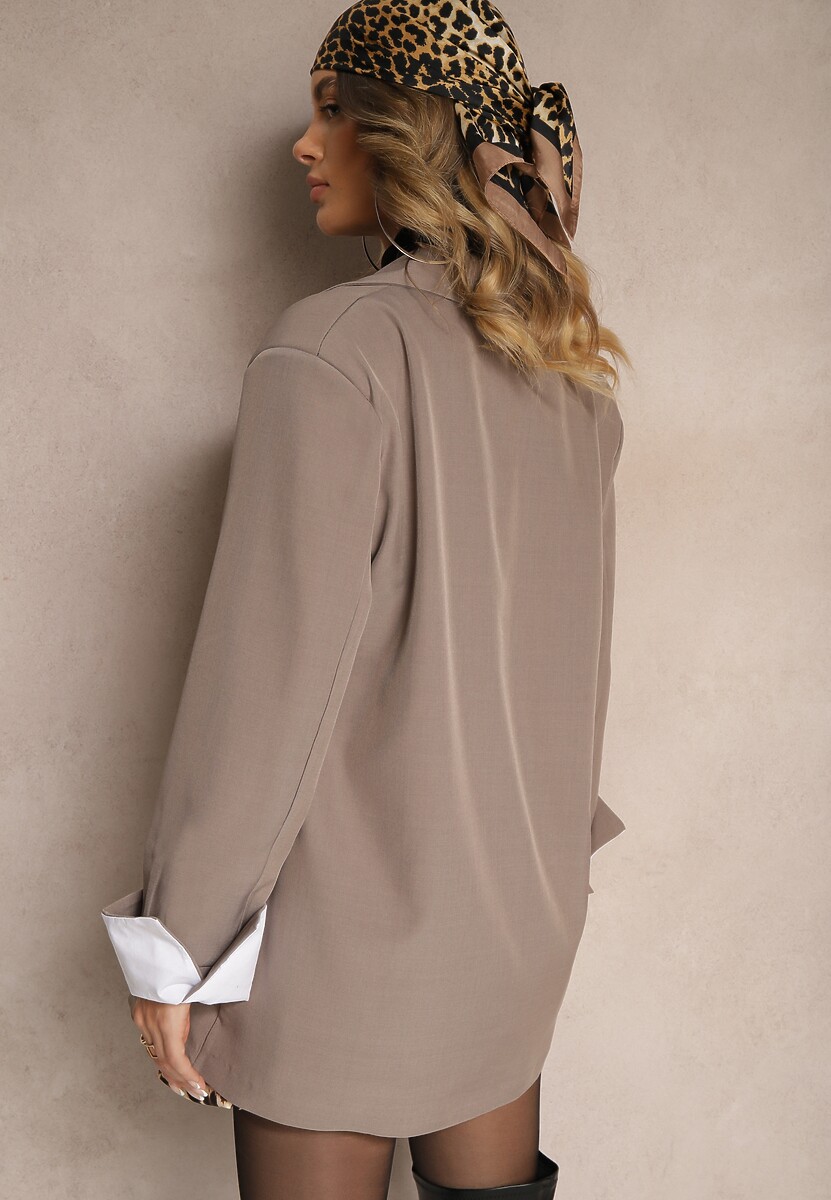 Beżowa Jednorzędowa Marynarka z Wywiniętymi Rękawami i Usztywnioną Linią Ramion Mialassa