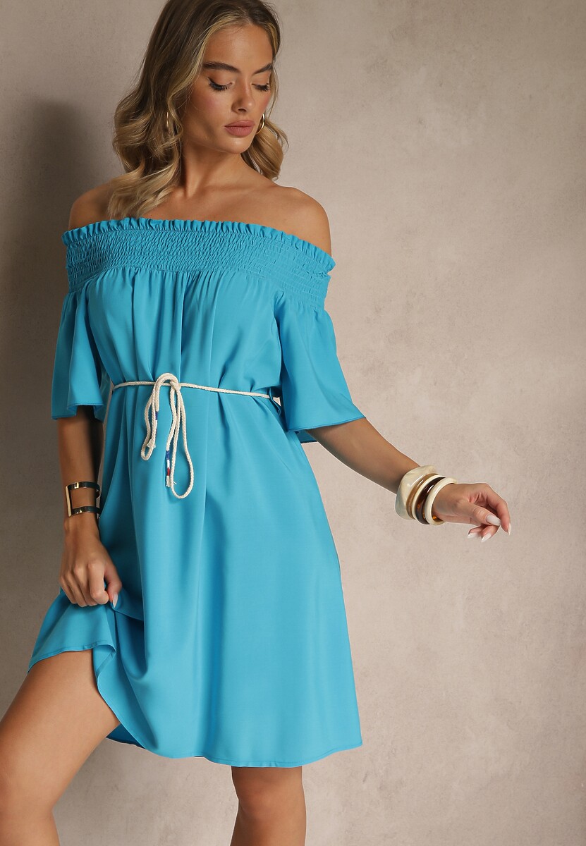 Beżowa Sukienka Hiszpanka z Bawełną i Wiskozą Ozdobiona Sznurkiem Lilarelle