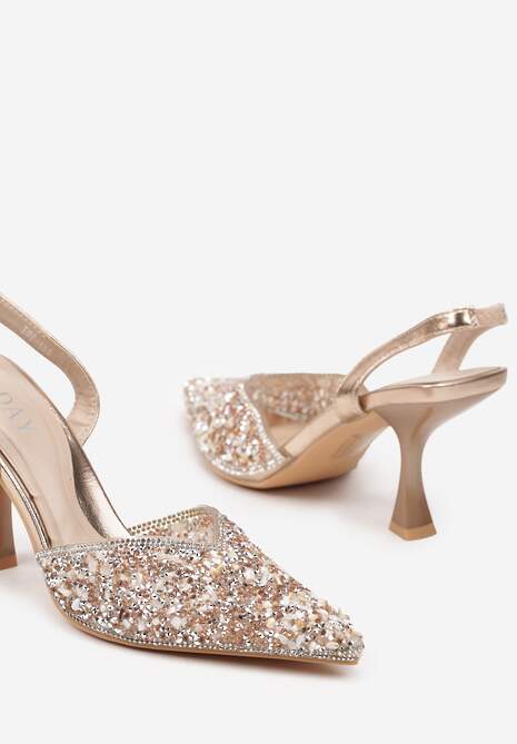 Szampańskie Cyrkoniowe Sandały ze Szpiczastym Noskiem na Obcasie Noredis