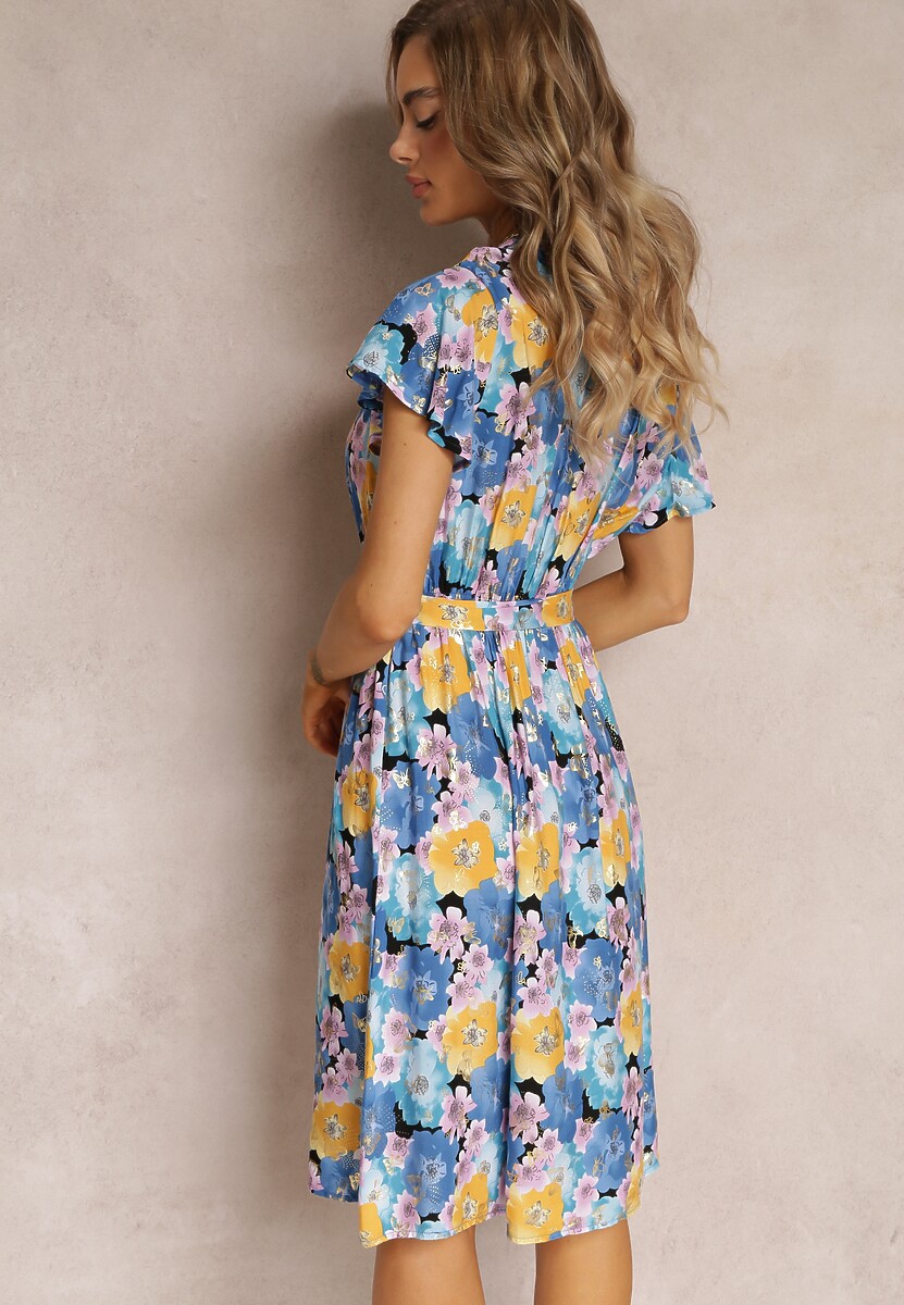 Niebiesko-Żółta Rozkloszowana Sukienka z Kopertowym Dekoltem i Wiązanym Paskiem Kanges