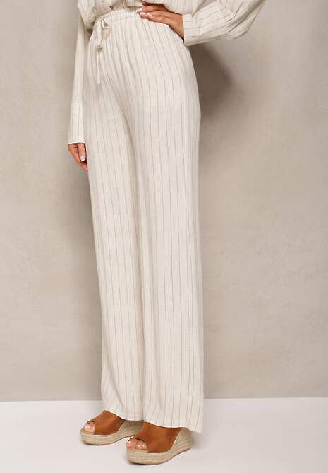 Jasnobeżowe Wiskozowe Spodnie z Lnem o Szerokich Nogawkach Raphilla