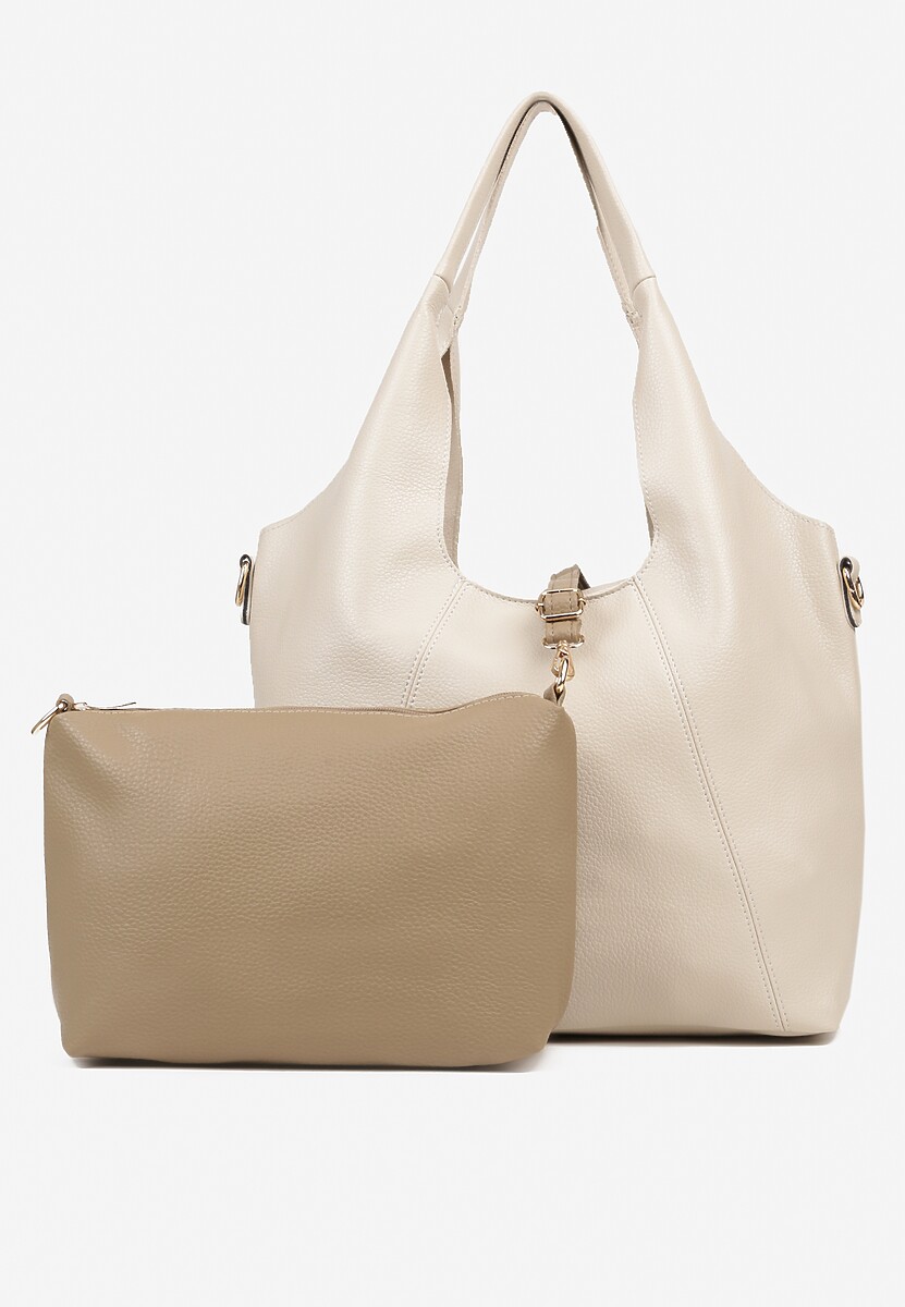 Beżowa Torebka Shopperka Ozdobiona Przeszyciami z Dodatkową Saszetką Latavena