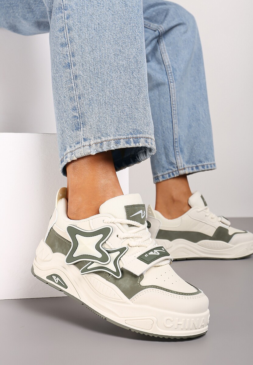 Beżowo-Zielone Sneakersy na Platformie z Grubymi Sznurowadłami i Zapięciem na Rzep Arlaia