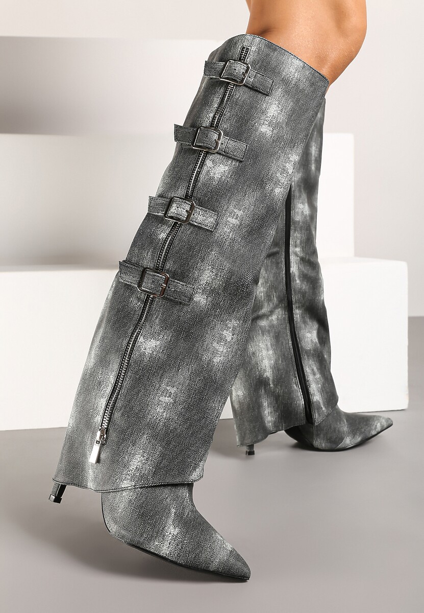 Niebieskie Kozaki Jeansowe na Szpilce z Klamrami na Wywiniętej Cholewce Riaviraen