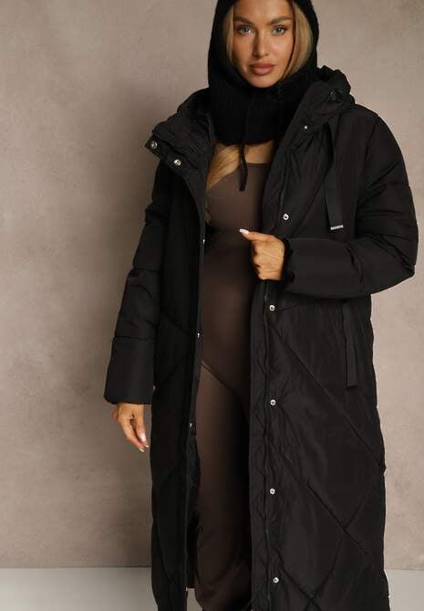 Czarna Pudełkowa Kurtka o Długim Kroju z Pikowanymi Przeszyciami Kapturem i Kieszeniami Calatta