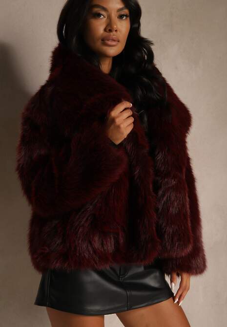 Bordowa Kurtka Futro z Długim Włosiem Zelita