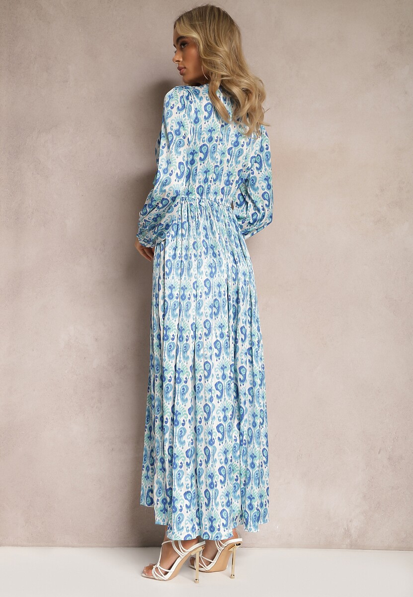 Niebieska Satynowa Sukienka z Gumką w Talii i Wzorem Paisley Xalire