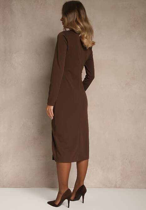 Brązowa Sukienka Bodycon z Bawełną i Paskami z Klamrami z Boku Esenelia