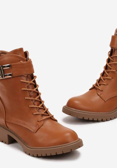 Brązowe Botki za Kostkę z Sznurowaniem Kabiva