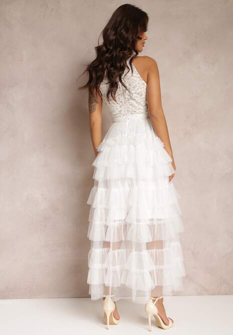 Biała Sukienka Koktajlowa z Koronkową Górą i Rozkloszowanym Tiulowym Dołem Venisa