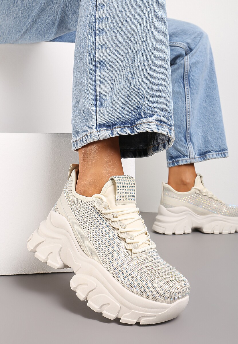 Białe Sneakersy na Platformie z Cholewką z Cyrkoniami Harilena