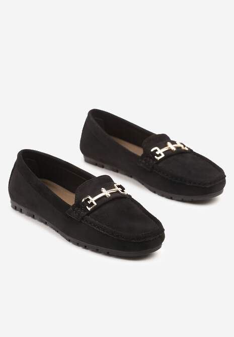 Czarne Mokasyny z Imitacji Zamszu z Ozdobną Metaliczną Aplikacją Sovtewi