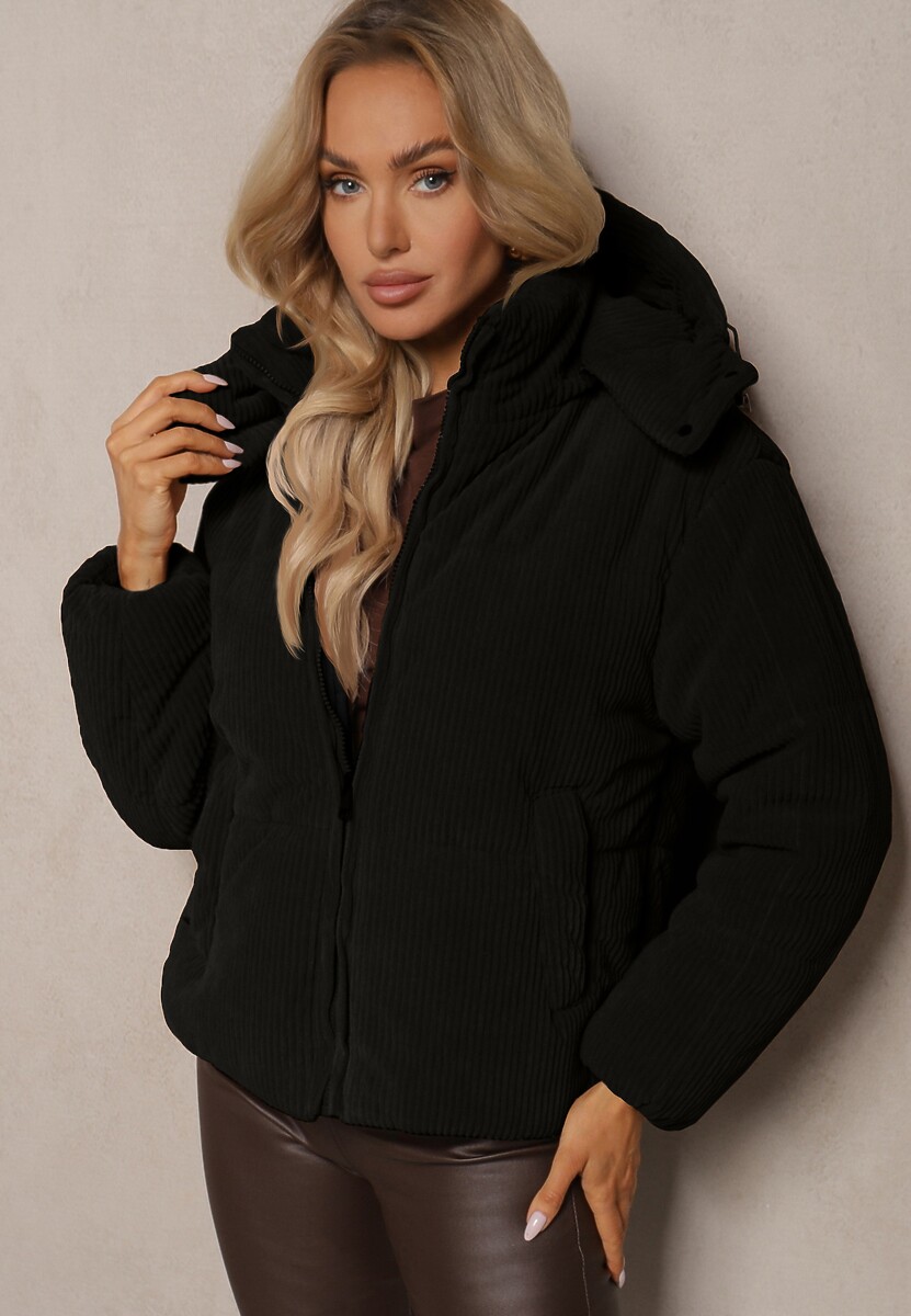 Brązowa Puchowa Kurtka Sztruksowa z Kapturem z Możliwością Odpięcia Sinrielle