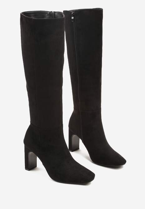 Czarne Klasyczne Kozaki z Imitacji Zamszu na Słupkowym Obcasie Miosa