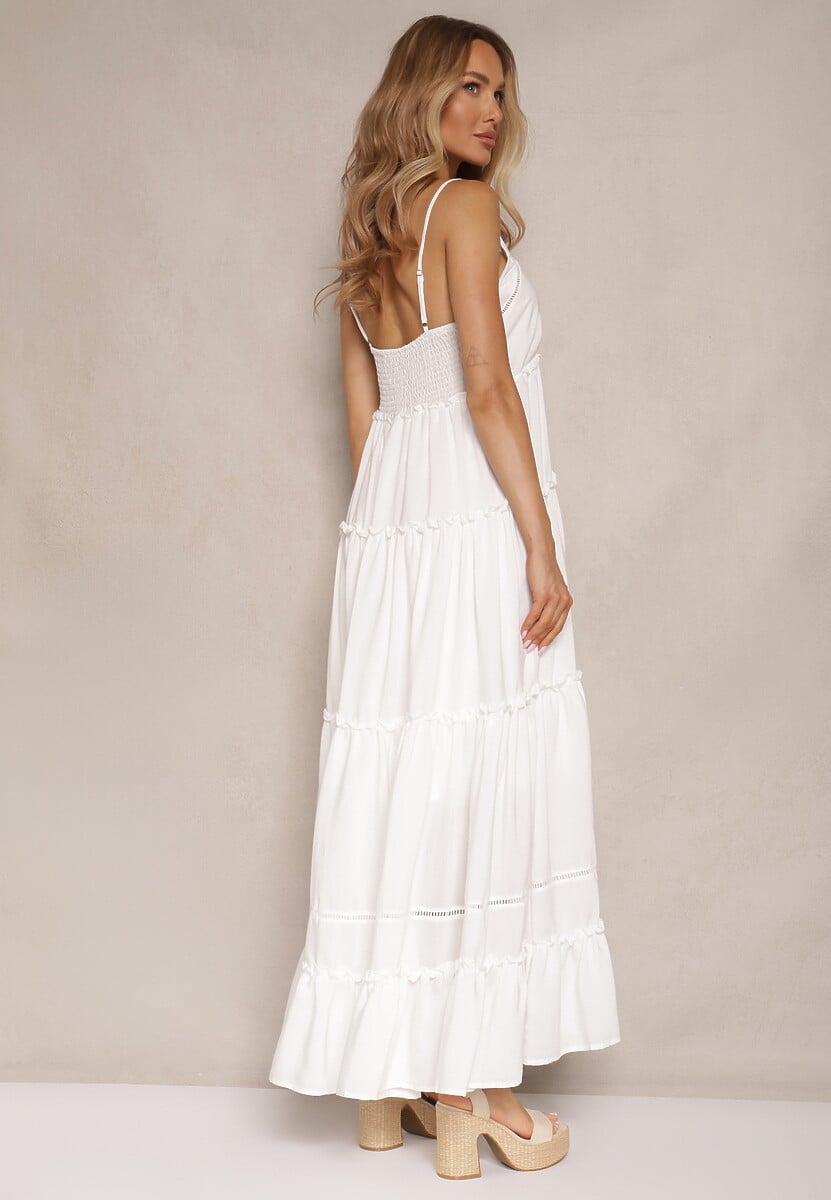 Biała Rozkloszowana Sukienka na Cienkich Ramiączkach z Wiskozy i Bawełny Mimilia