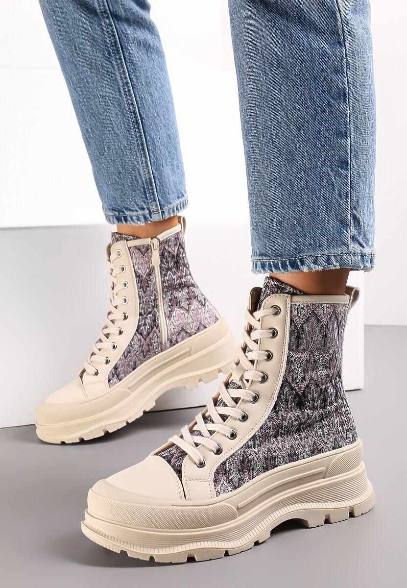 Beżowe Sznurowane Botki Ozdobnie Wyszywane na Płaskiej Podeszwie z Protektorem Faraine