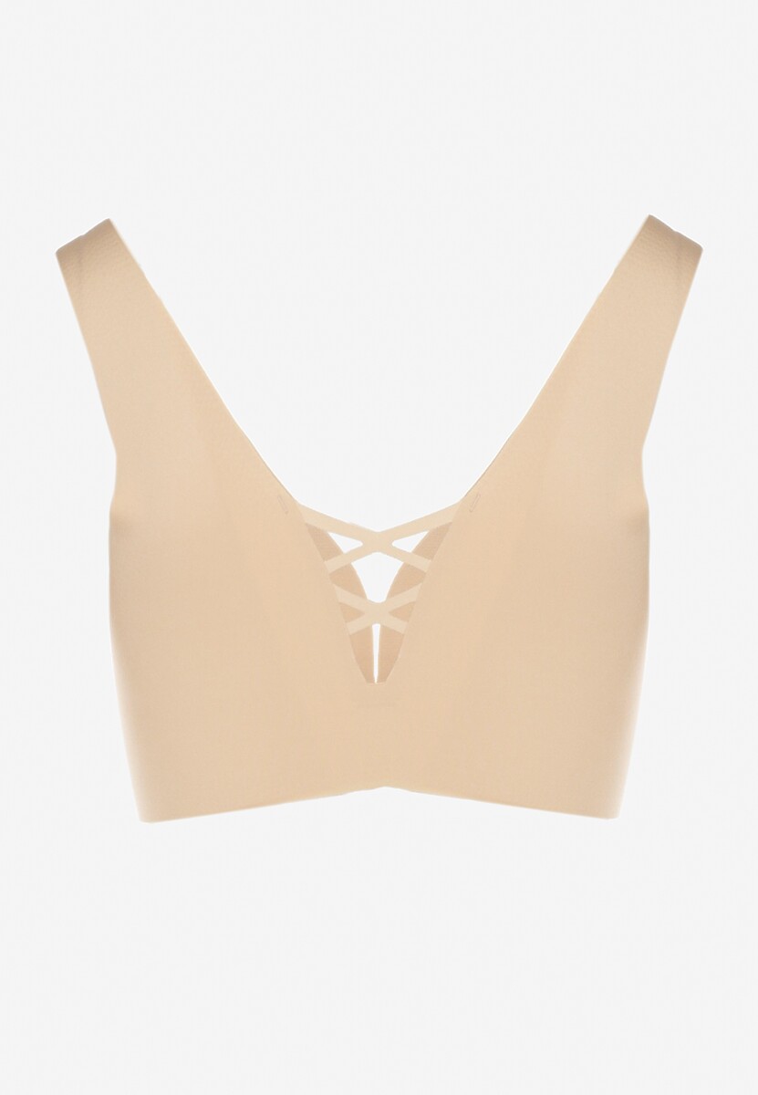 Beżowy Sportowy Biustonosz Zdobiony Siateczką i Gorsetową Aplikacją Salinalla