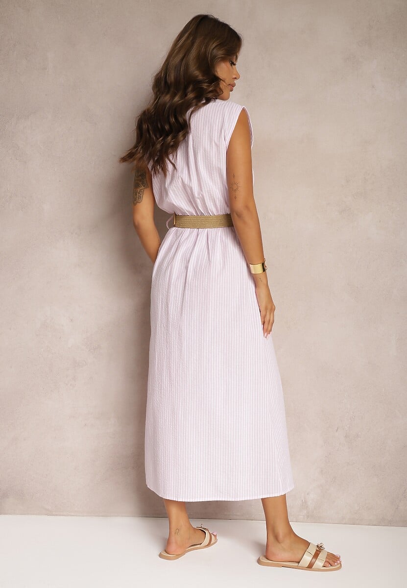 Różowa Koszulowa Sukienka z Bawełny Bez Rękawów z Paskiem i Gumką w Talii Zalorea