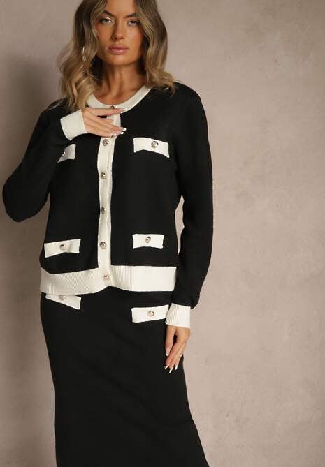 Czarno-Biały Sweterkowy Komplet z Dzianiny z Bawełną Kardigan i Spódnica Derrive