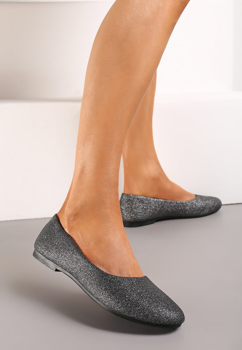 Czarne  Brokatowe Balerinki na Płaskiej Podeszwie Uarneli