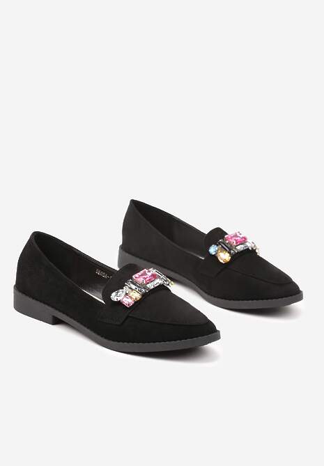 Czarne Wsuwane Mokasyny z Aplikacją z Kryształków Palirona