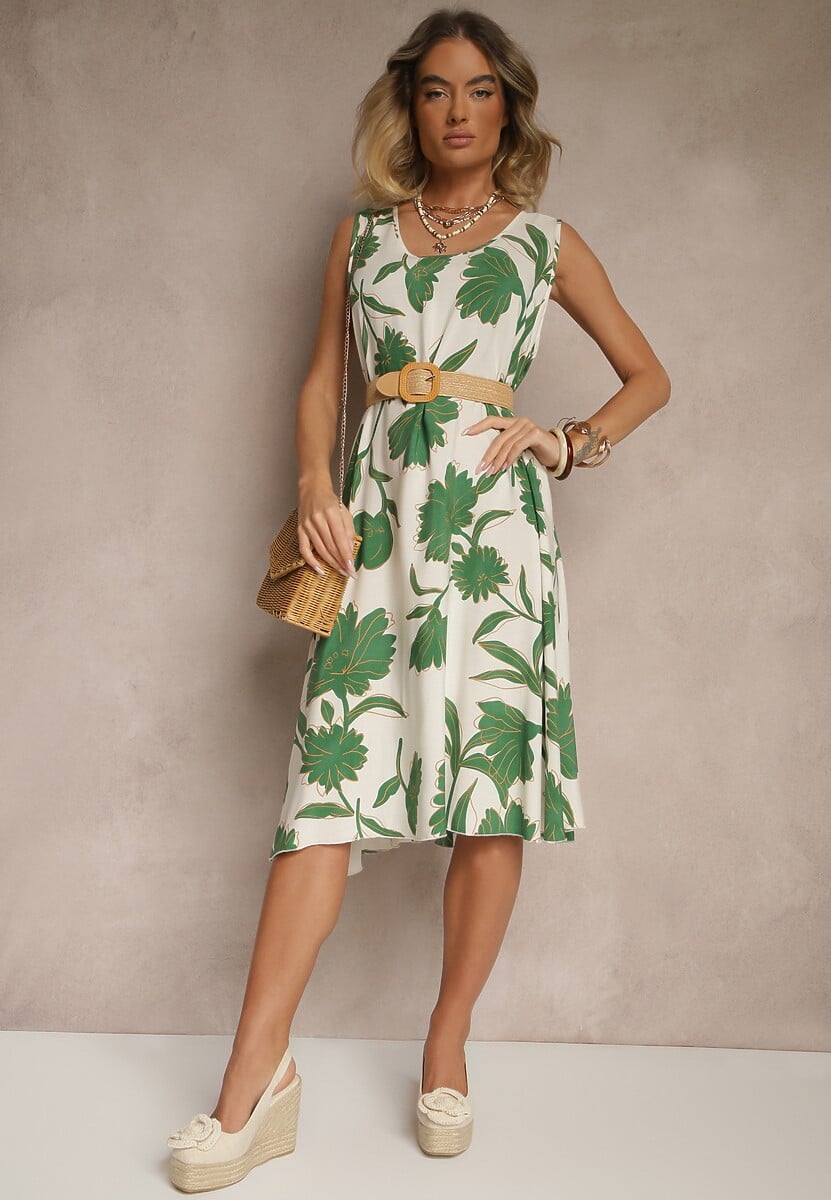 Zielona Sukienka Bez Rękawów z Tkaniny Wiskozowej w Kwiaty Orrivia