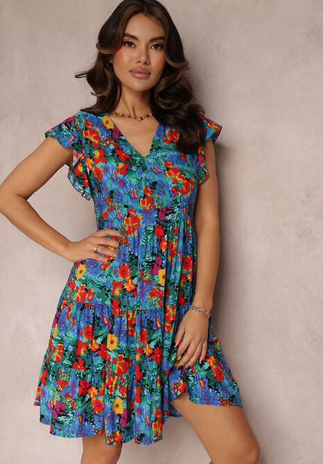 Niebieska Wiskozowa Sukienka Mini z Falbaną Linne