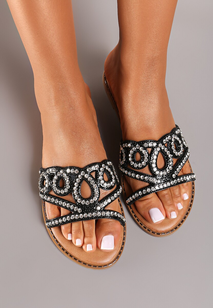 Czarne Klapki z Ozdobnym Paskiem z Wycięciami i Cyrkoniami Jeslifea